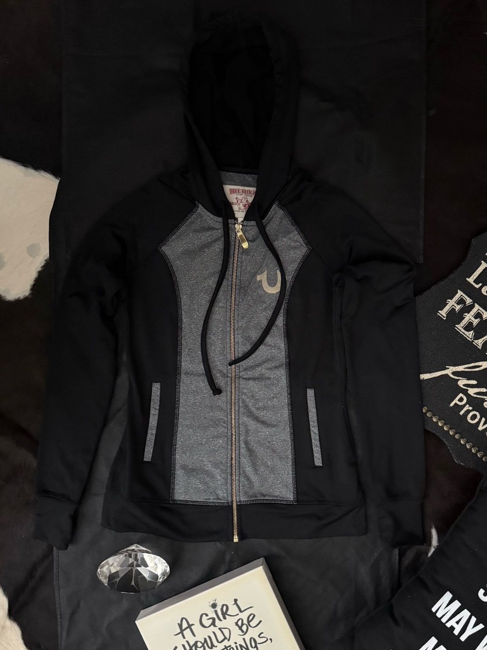 True Religion Black and Gray Paneled Zip Hoodie